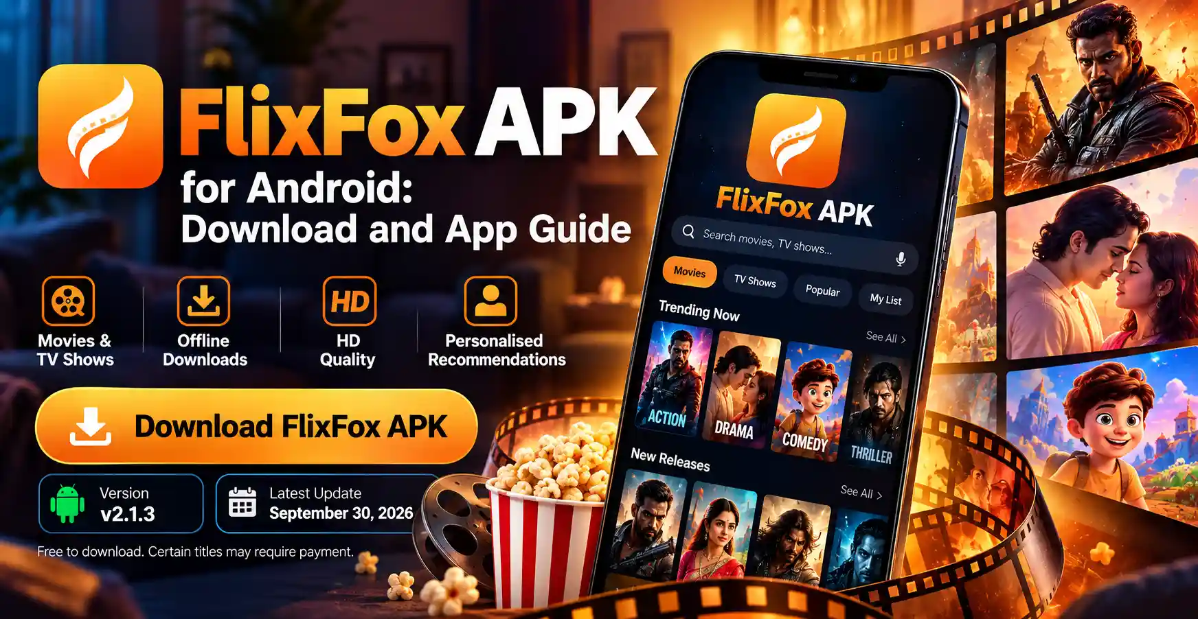 FlixFox APK information and movies display on Android phone