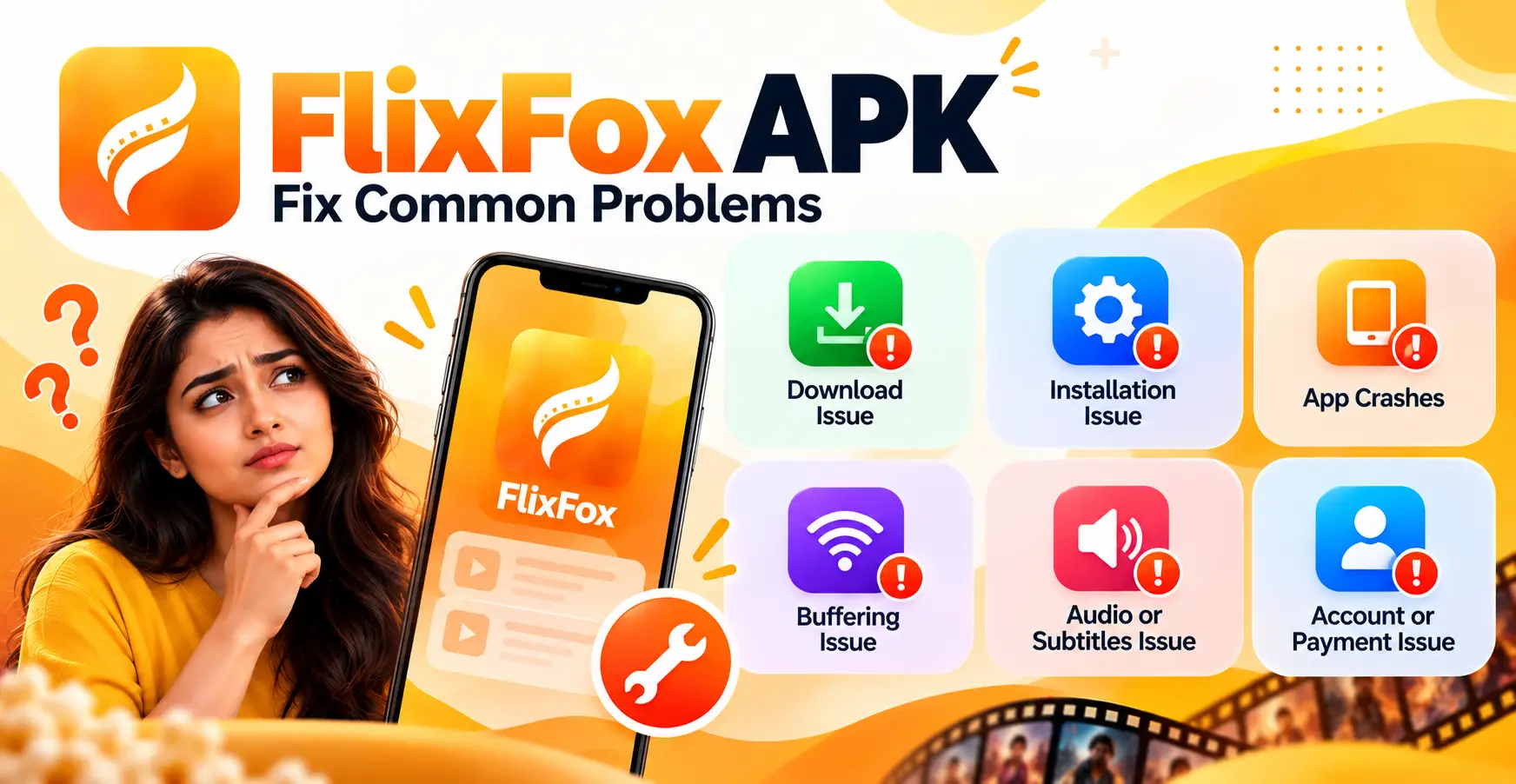 Woman thinking about fixing FlixFox APK issues, troubleshooting icons